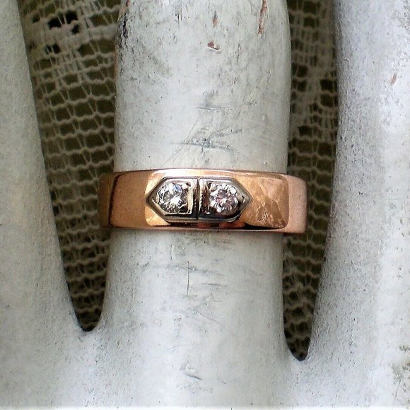 Vintage Russian USSR Solid 14K Rose Pink White Gold Diamond Wedding Band Ring - Picture 2 of 7
